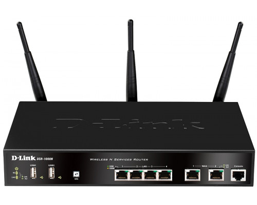 Маршрутизатор D-Link, DSR, портов: 7, LAN: 4, WAN: 2, антенн: 3, USB: Да, 44х180х280 мм (ВхШхГ), цвет: чёрный, DSR-1000N/A1A