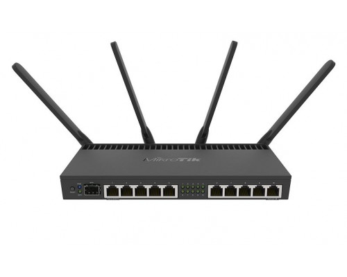 Маршрутизатор Mikrotik, RB4011, портов: 10, скорость мб/с: 1 733, 30х120х228 мм (ВхШхГ), цвет: чёрный, процессор 4 ядра, RB4011iGS+5HacQ2HnD-IN
