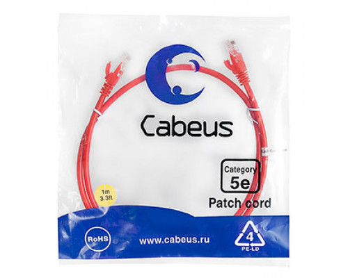 Патч-корд Cabeus PC-UTP-RJ45-Cat.5e-1m-RD-LSZH Кат.5е 1 м красный