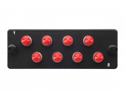 Планка Eurolan Q-SLOT, OM4 50/125, 8 х ST, Simplex, предустановлено 8, для слотовых панелей, цвет адаптеров: красный, цвет: чёрный