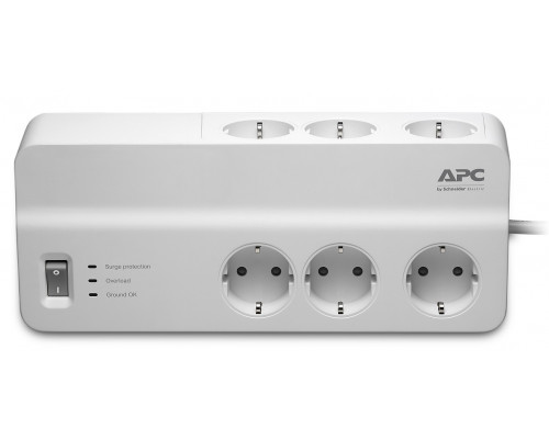 Блок силовых розеток APC, Shuko х 6, вход Schuko, шнур 2 м, 62х272х110 мм (ВхШхГ), 10А, выключатель, белый