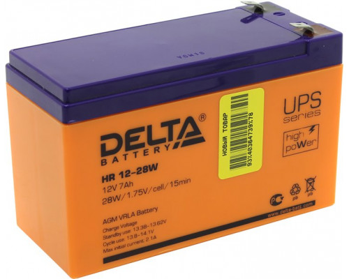 Аккумулятор для ИБП Delta Battery HR-W, 100х65х151 мм (ВхШхГ),  Необслуживаемый свинцово-кислотный,  12V/7 Ач, цвет: оранжевый, (HR 12-28W)