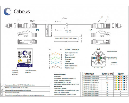 Патч-корд Cabeus PC-UTP-RJ45-Cat.6-20m Кат.6 20 м серый