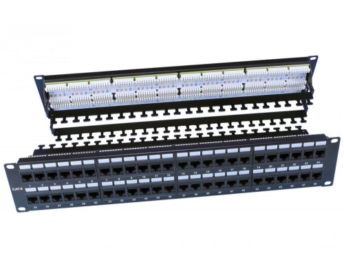 Комм. патч-панель Hyperline PP3, 19", 2HU, портов: 48 х RJ45, кат. 6, универсальная, неэкр., цвет: чёрный, (PP3-19-48-8P8C-C6-110D)