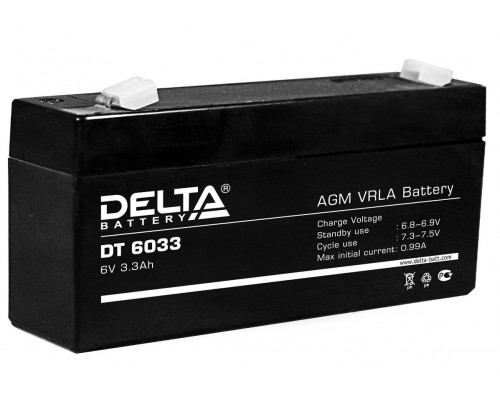 Аккумулятор для ИБП Delta Battery DT, 66х34х134 мм (ВхШхГ),  Необслуживаемый свинцово-кислотный,  6V/3,3 Ач, цвет: чёрный, (DT 6033)