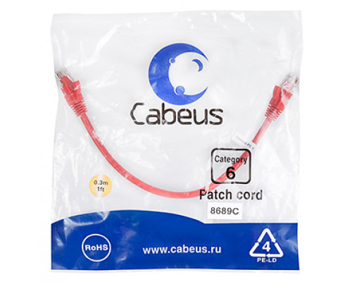 Патч-корд Cabeus PC-UTP-RJ45-Cat.6-0.3m-RD Кат.6 0.3 м красный
