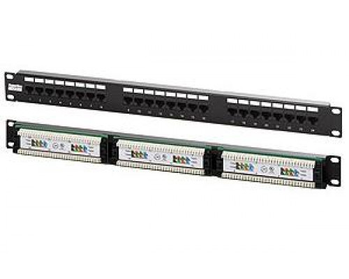 Комм. патч-панель Hyperline, 19", 0,5HU, портов: 24 х RJ45, кат. 5е, универсальная, неэкр., цвет: чёрный, (PPHD-19-24-8P8C-C5E-110D)