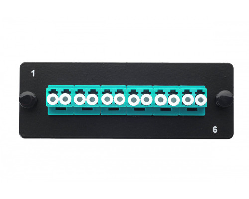 Планка Eurolan Q-SLOT, OM3 50/125, 6 х LC, Duplex, для слотовых панелей, цвет адаптеров: бирюзовый, монтажные шнуры, КДЗС, цвет: чёрный