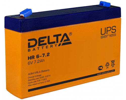 Аккумулятор для ИБП Delta Battery HR, 100х34х151 мм (ВхШхГ),  Необслуживаемый свинцово-кислотный,  6V/7,2 Ач, цвет: оранжевый, (HR 6-7.2)