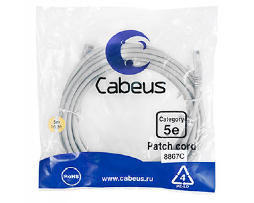 Патч-корд Cabeus PC-UTP-RJ45-Cat.5e-5m-LSZH Кат.5е 5 м серый
