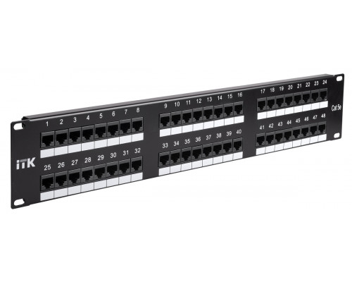 Комм. патч-панель ITK, 19", 2HU, портов: 48 х RJ45, кат. 5е, неэкр., цвет: чёрный, (PP48-2UC5EU-D05)