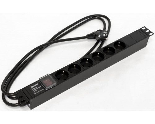 Блок силовых розеток Hyperline SHE19-(X)SH, Shuko х 6, вход Schuko, 19", шнур 2,5 м, 482,6мм 16А, выключатель, чёрный