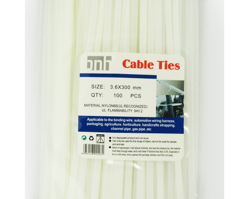Стяжка кабельная BNH, неоткрывающаяся, 3,6 мм Ш, 300 мм Д, 100 шт, материал: нейлон, цвет: белый