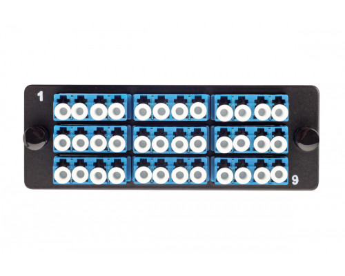 Планка Eurolan Q-SLOT, OS2 9/125, 9 х LC, Quatro, для слотовых панелей, цвет адаптеров: синий, цвет: чёрный