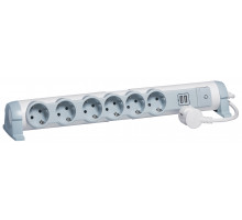 Блок силовых розеток Legrand, Shuko х 6, USB х 2, вход Schuko, шнур 1,5 м, 16А, выключатель, бело-серый