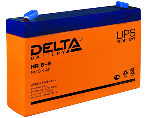 Аккумулятор для ИБП Delta Battery HR, 100х34х151 мм (ВхШхГ),  Необслуживаемый свинцово-кислотный,  6V/9 Ач, цвет: оранжевый, (HR 6-9)