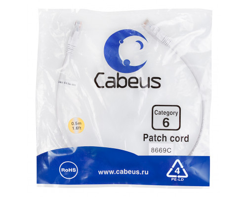 Патч-корд Cabeus PC-UTP-RJ45-Cat.6-0.5m-WH Кат.6 0.5 м белый