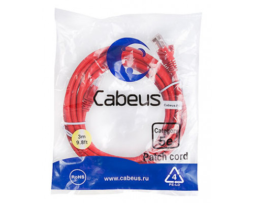 Патч-корд Cabeus PC-UTP-RJ45-Cat.5e-3m-RD Кат.5е 3 м красный